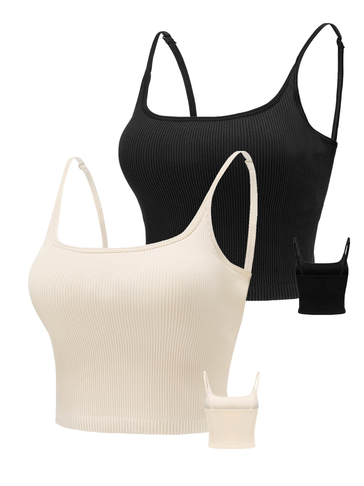 Photo 1 of **ONLY ONE**Chilylori Seamless Sports Bra Cropped Tank Top with Adjustable Straps Workout Tops Ribbed Sports Bra for Women Wireless Longline Crop Tank Padded Comfortable Brami 2 Pack Black+Beige S