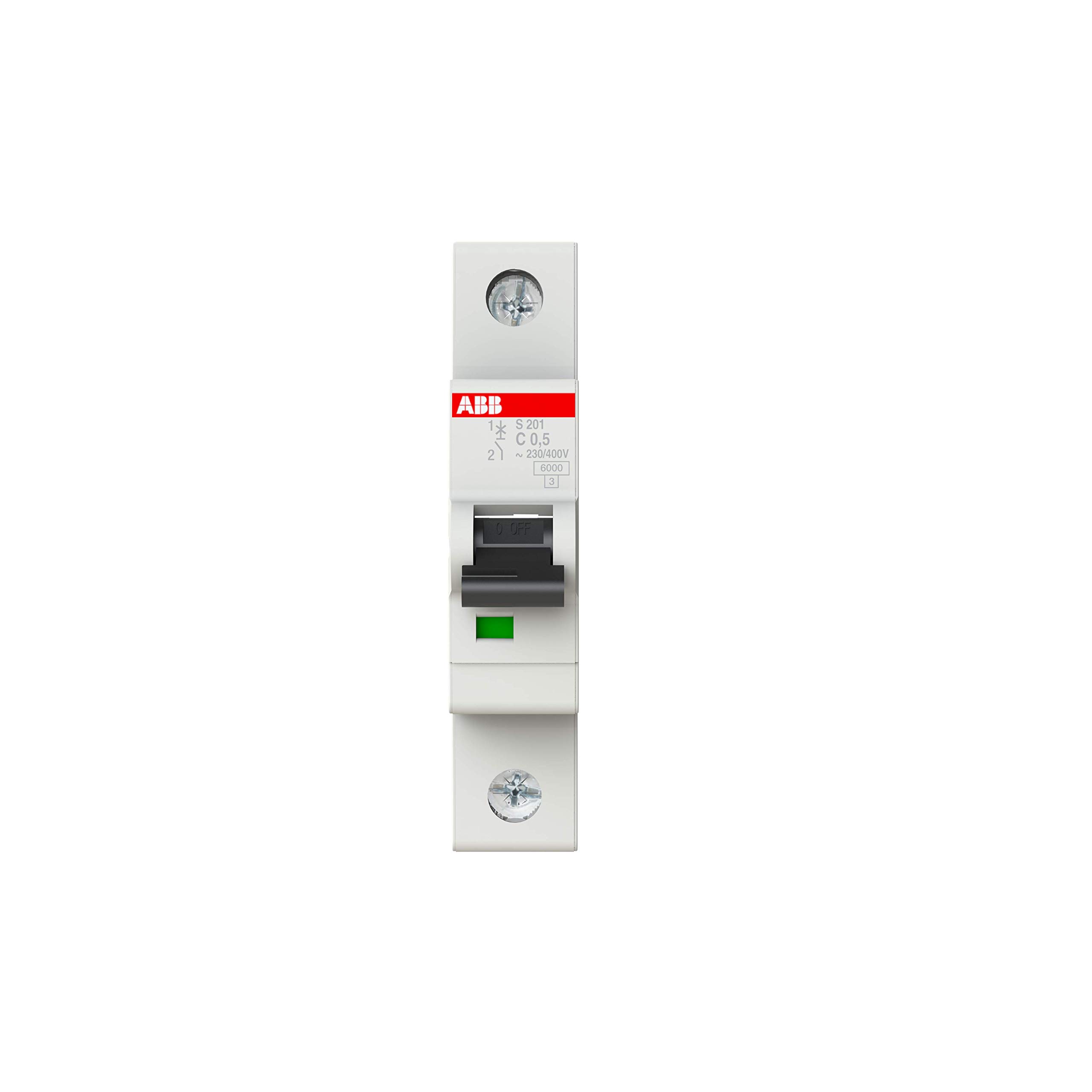 ABB S201-C0.5 Miniature Circuit Breaker, 1 Pole, Type C, 6/10kA Breaking Capacity, 0.5 Amp Current (2CDS251001R0984)
