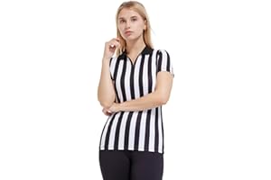 FitsT4 Sports Womens Official Black & White Stripe Referee Shirt Zipper Collared Referee Jersey Short Sleeve Ref Tees