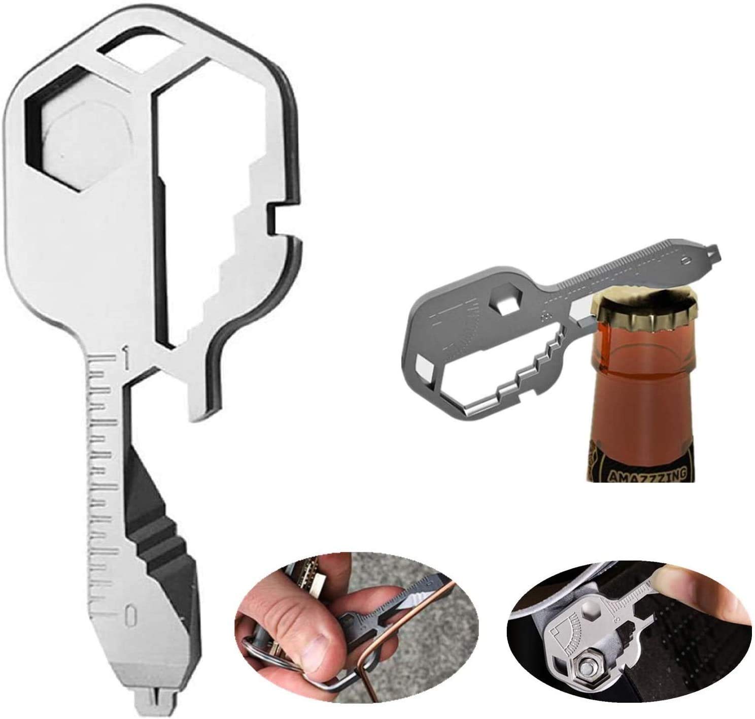 24-in-1 Multifunction Tool Key Tool, Multifunction Key-Shaped Pocket Tool, with Bottle Opener Keychain Survival Key Bottle Opener Slotted Screwdriver Keychain Pocket Repair Tool (Silver)