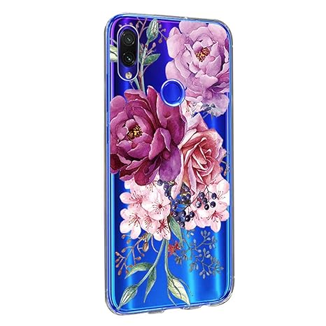 Kkkie Hülle kompatibel Xiaomi Redmi Note 7, Transparent Silikon Case TPU Bumper Schutzhülle Marmor Blumen Muster HandyHülle k