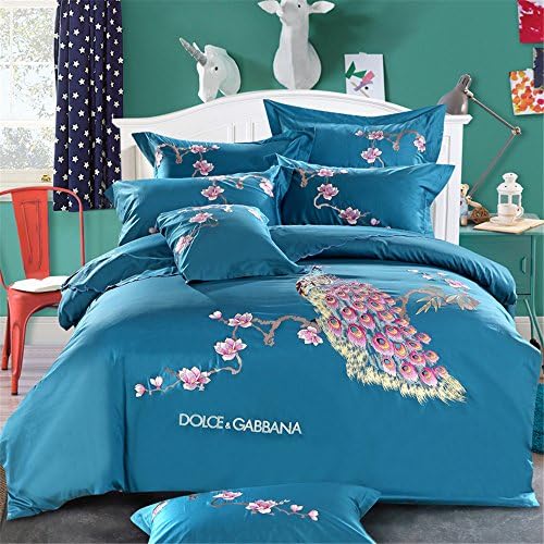 Dodou Plum blossom Duvet Cover Set Peacock Embroidery Duvet Cover Set Traditional Sheet Asian Bedding wedding Bedding Sets 100% Egyptian cotton 4PCS (Queen, blue)