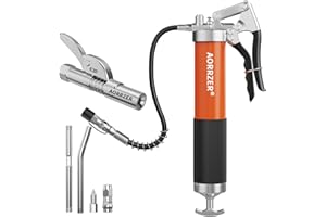 AORRZER Grease Gun, 8000 PSI High Pressure Heavy Duty Pistol Grip Grease Gun Kit,(14 oz Load) with Strong Lock on Greases Gun Couplers, 12” Spring Flex Hose, 2 Extension Rigid Pipe and 1 Sharp Nozzle