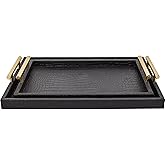 MACVAD Set of 2 Modern Elegant Large Wood Serving Tray, Rectangle Decorative Tray Ottoman Tay Coffee Table Tray, Black Crocodile Leather with Gold Polished Metal Handles