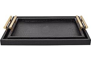 MACVAD Set of 2 Modern Elegant Large Wood Serving Tray, Rectangle Decorative Tray Ottoman Tay Coffee Table Tray, Black Crocodile Leather with Gold Polished Metal Handles