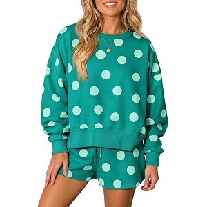 Fisoew Womens Polka Dot 2 Piece Outfits Casual Oversized Long Sleeve Sweatshirts Shorts Set Tracksuits Sweatsuits