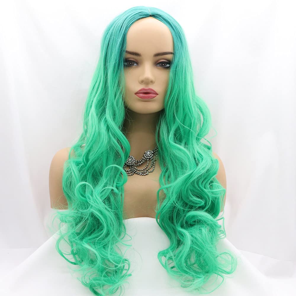 xiweiya wig 24" Ombre Green Wavy Wig Dark Green to Light Green Hair for Cosplay Halloween Full Machine Made Synthetic Wigs for Women Dark queen Cosplay