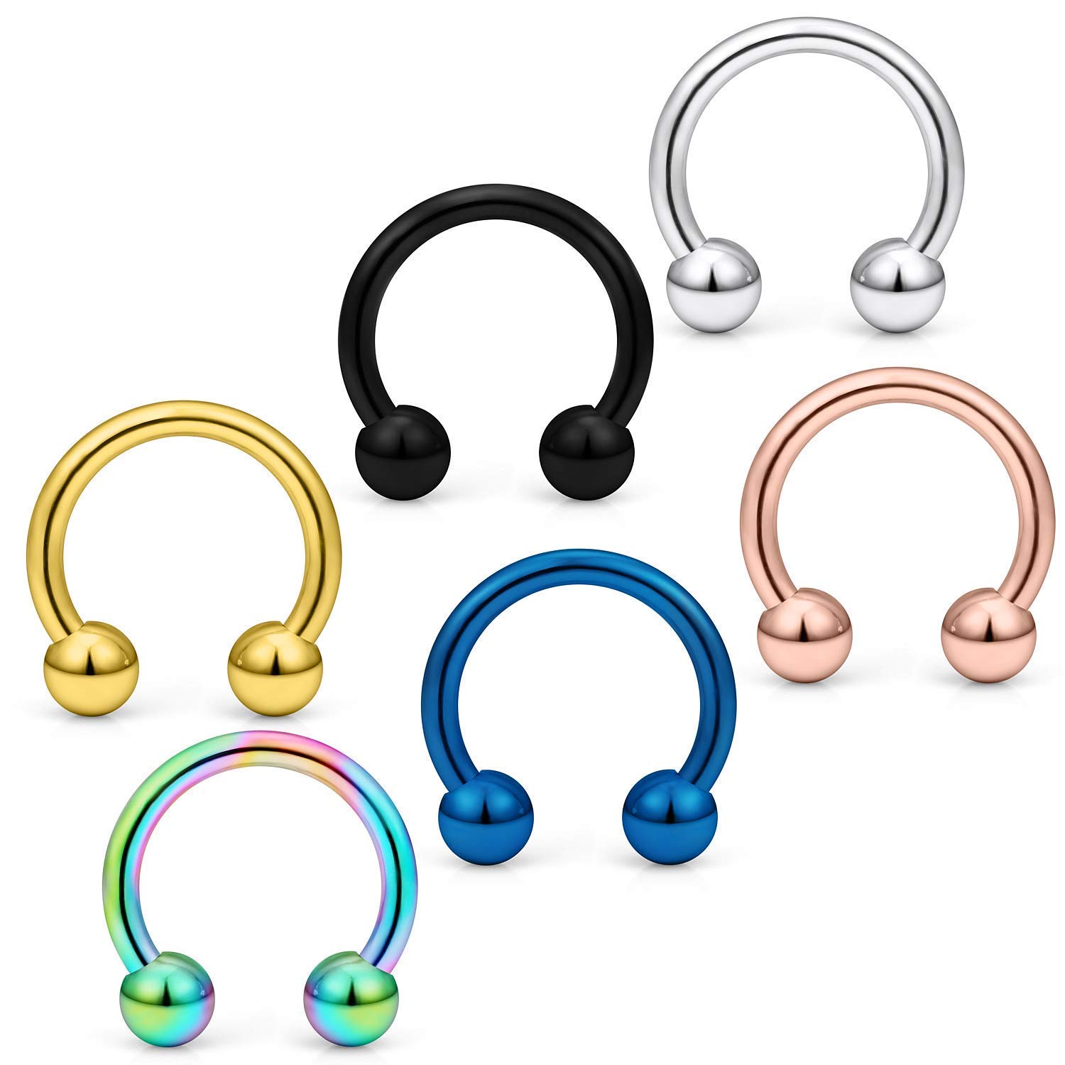 Briana Williams 6pcs Circular Barbell Horseshoe Nose Ring Hoop Stainness Steel 20/18/16/14/12 Gauge Piercing Jewellery