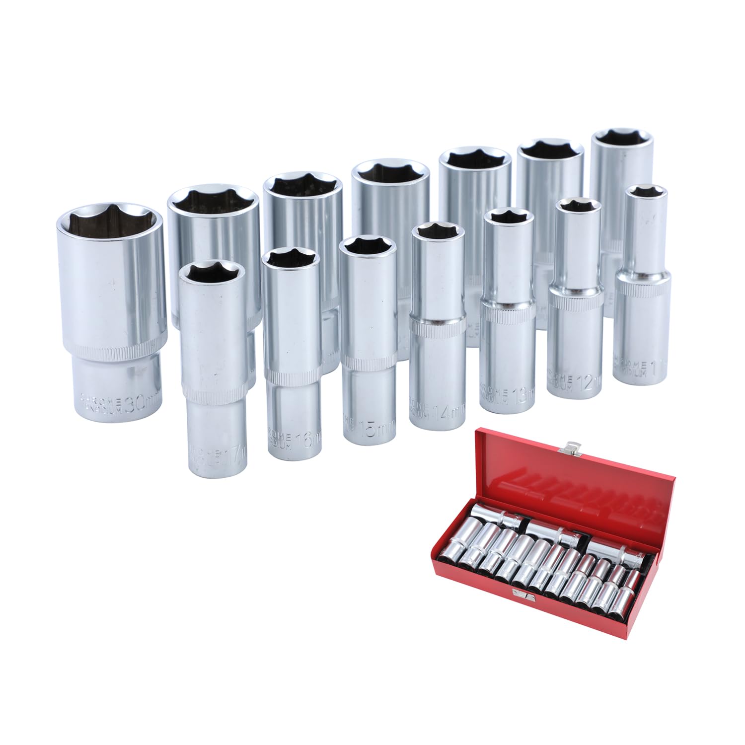 TOPWAY 1/2 Inch Deep Socket Set 14PCs 11-30mm Metric Sockets Chrome Vanadium Steel Mechanical Auto Repairing Garage Tool in Steel Case 420326