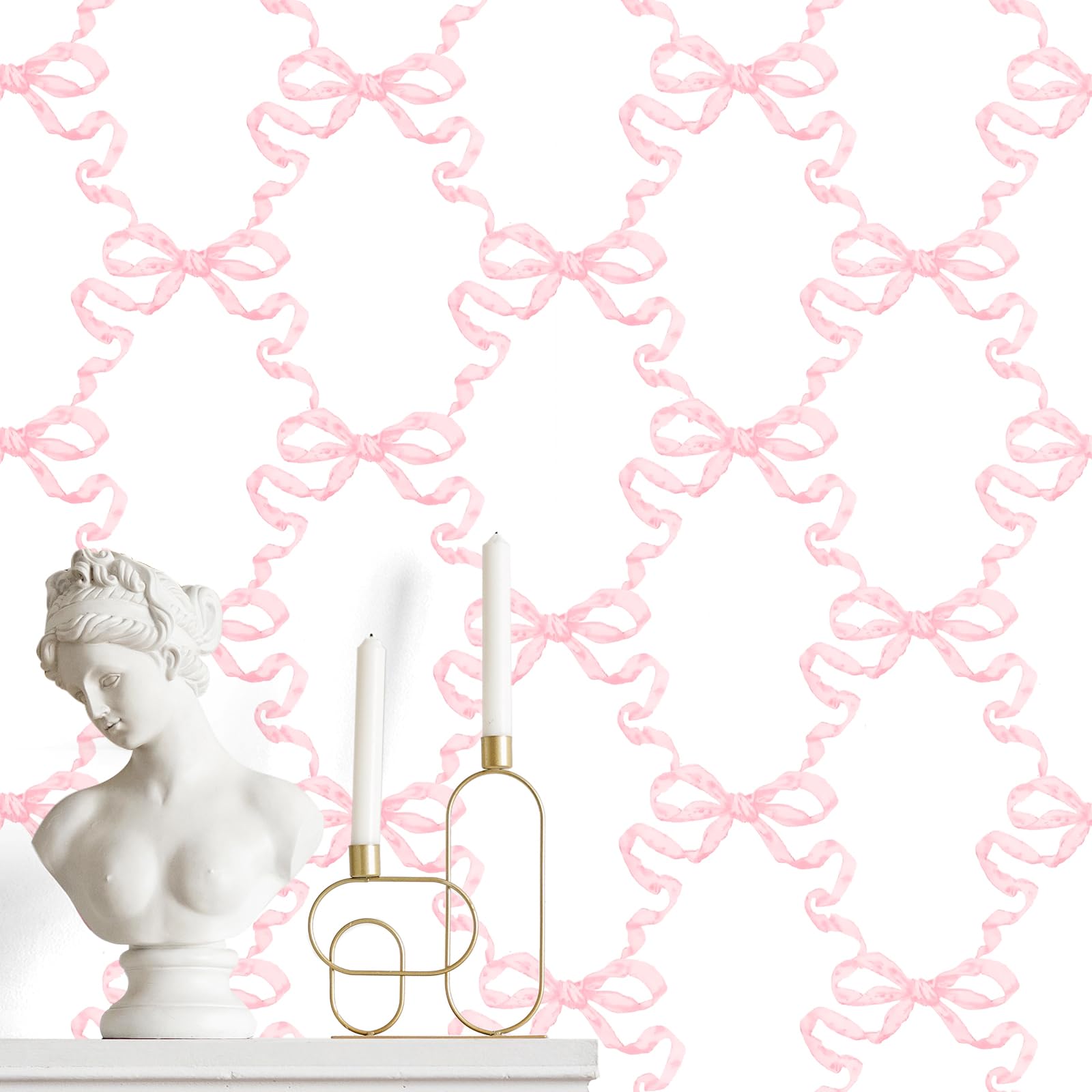 Photo 1 of MotiMind Pink Bow Wallpaper 15.75 x 118 Inch Bow Ribbon Trellis Wallpaper Coquette Trendy Preppy Peel and Stick Ribbons Feminine Ballet Girly Adhesive Removable Coquette Room Decor