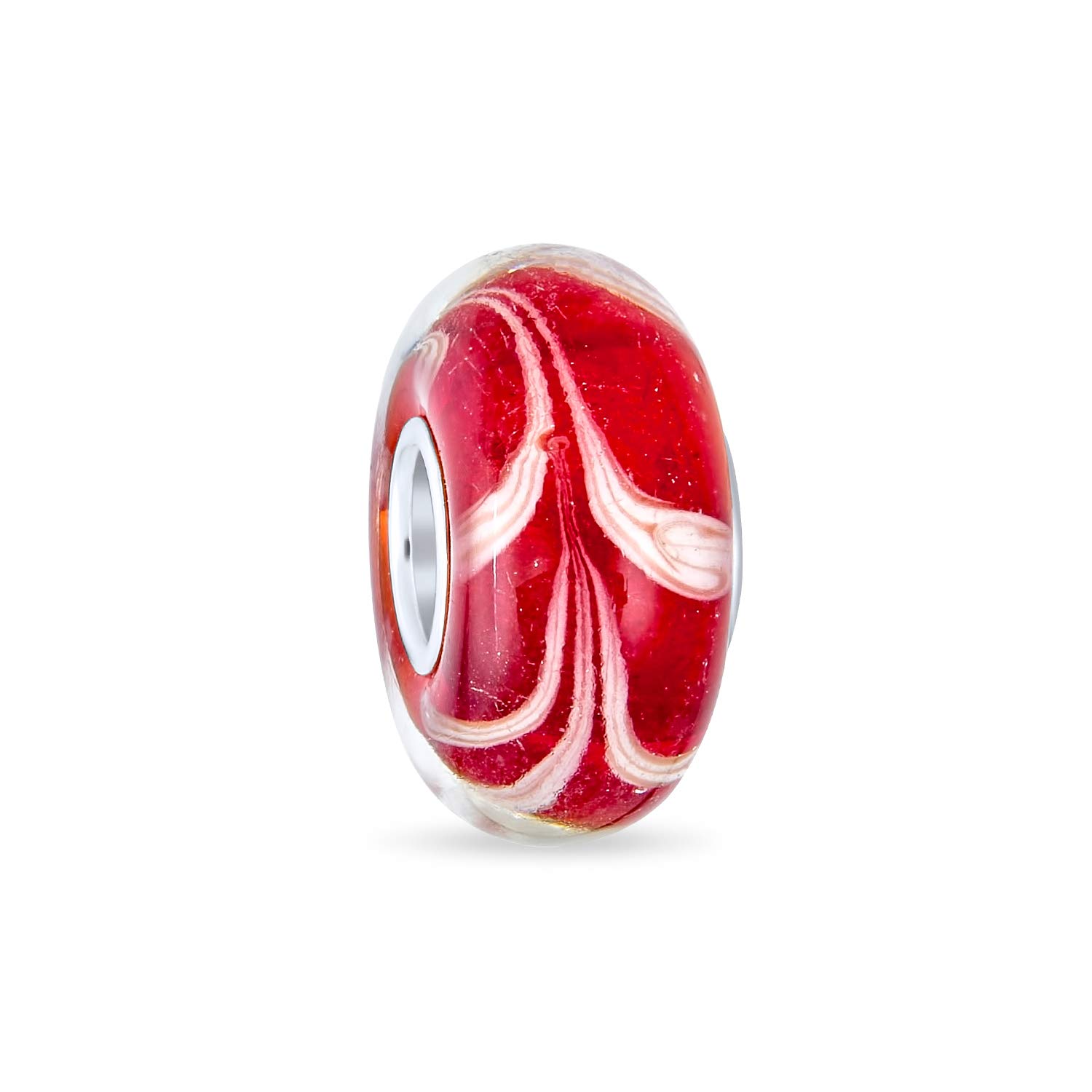 Bling Jewelry Red White Vine Murano Glass .925 Sterling Silver Core Spacer Scroll Charm Bead For Women For Teen Fits European Bracelet