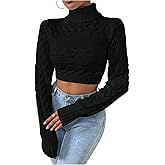 OYOANGLE Women's Cable Knit Turtleneck Sweater Long Sleeve Fitted Cropped Sweaters