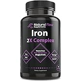 Iron Supplement 2-in-1 Complete Complex - Natural Flow 2X Heme and Chelated Non Heme Iron Bisglycinate, Folate, B and Vitamin C, for Anemia and Blood Building Support, Gentle on Stomach, 60 Caps (60)