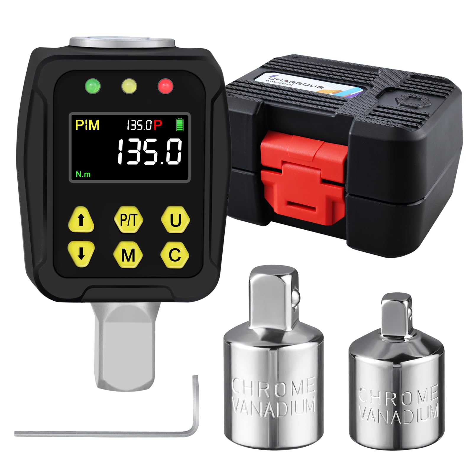Uharbour Digital Torque Adapter 1/2 Inch 6.75-135 Nm, Torque Wrench Digital with LCD Display, PEAK/TRACK Mode, Buzzer and LED Display, ±2% Error Accuracy, for Car, Bike, Motorcycle