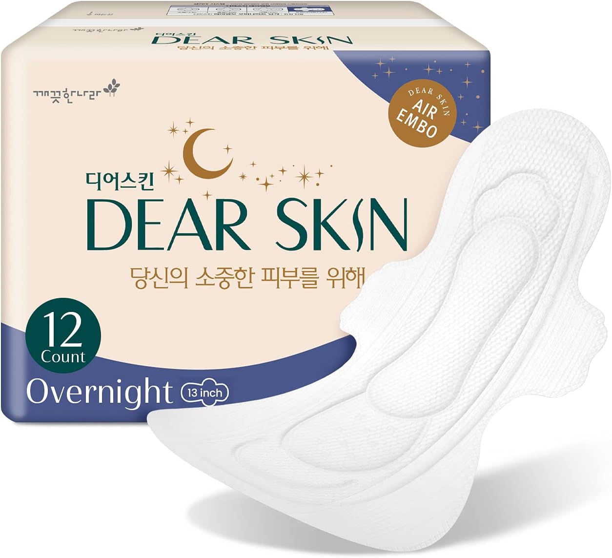 DEAR SKIN Air Embo Derma Sanitary Pads - [Overnight / 12 Count], Heavy Absorbency, Super Long, Sanitary Napkins with Wings, Leak-Free Guard, Breathable Layers: Health & Personal Care