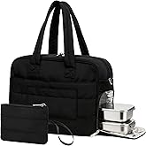 Working Lunch Tote Bag for Women，17.3 in Laptop Bag with Insulated Lunch Compartment & Coin Wallet, Large Quilted Handbag for Office, Commuting, Teacher, Nurse, Black