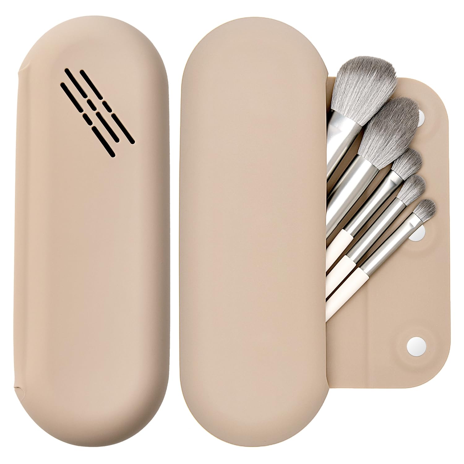 Photo 1 of LuBanOne Makeup Brush Holder Magnetic Closure Make Up Brushes Organizer Silicone Makeup Bag Travel Essentials (Khaki)