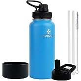 honogo 32 oz Powder Coated Double Wall Vacuum Insulated Sports Water Bottle, 18/8 Stainless Steel Wide Mouth Thermal Flask with Straw Lid & Spout Lid, Leak Proof, Sweat Free, BPA Free (Blue, 32 oz)