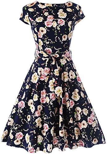 KMM Women Casual Floral Print Flared Midi Dress Cap-Sleeve F 01 (Floral Print, X-Large)