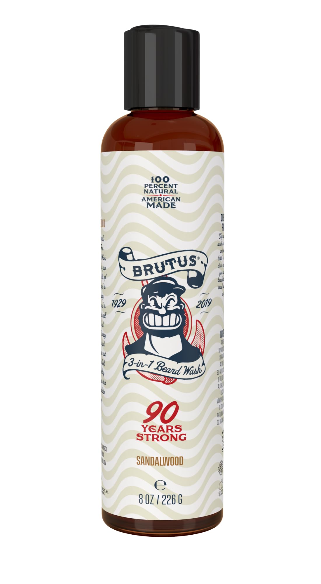 BRUTUS Beard Company Sandalwood 3 in 1 Beard Wash For Men, Keeps Hair Well Nourished & Conditioned, Hand-Crafted & 100% Natural, Designed to Not Strip Away Natural Oils - 8oz