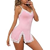 Aranmei Womens Lingerie Nightgowns Sexy Lace Trim Side Slit Sleepwear Dress Babydoll Lingerie Chemise