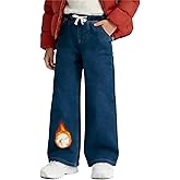 Tenfinordi Girls Fleece Lined Jeans, Baggy Wide Leg Winter Denim Pants Elastic Waist Drawstring Pockets Kids Size 8-12