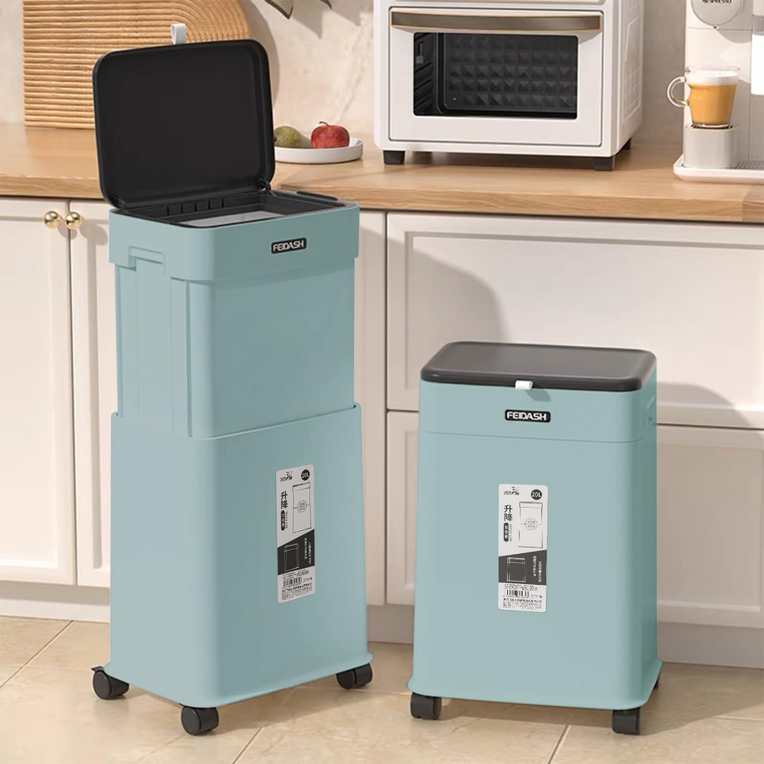 Photo 1 of Kitchen Trash Can with Wheels, Adjustable Height 20L/5.3Gal Rolling Garbage Can with Lid, Slim Trash Bin Indoor for Bathroom, Bedroom, Living Room & Office - Blue