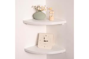 VERSAWOOD Floating Corner Shelves White 10", Solid Oak Wall Mounted Wooden Display Storage Rack with Wire Hole for Plants, Photos, Speakers, Bedroom, Kitchen, Living Room Décor - 2-Pack
