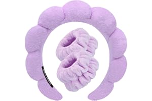 TETIZO Spa Headbands for Washing Face Wristband Set Sponge Makeup Skincare Headband Wrist Towels Bubble Soft Terry Towel Cloth Hairband for Women Puffy Headwear Non Slip Thick Thin Hair Headwear (Purple)