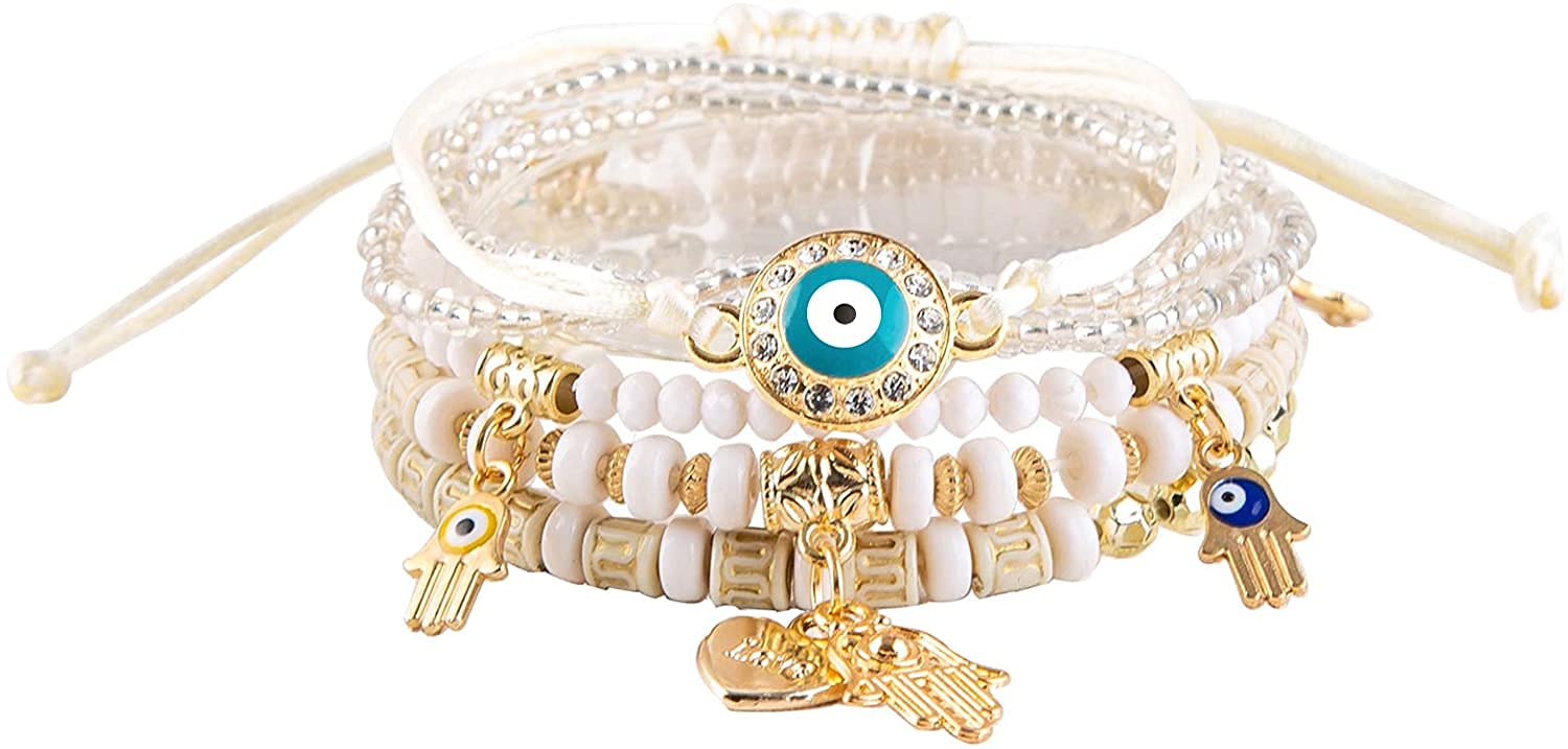 DEEPOW DAGALE Bohemian Evil Eye Multilayer Hamsa Hand Bracelets, Multicolor Crystal Beaded Lucky Protection Bangles Strand Boho Tassel Pendant Bracelets