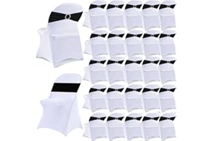 MAGTOWNE 50 Sets Spandex Folding Chair Covers and Spandex Chair Sashes, 25 Pack White Folding Chair Covers with 25 Pack Black Chair Sashes for Birthday Wedding Banquet Chair Decor
