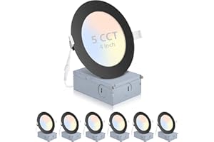 POWERASIA 6 Pack Recessed Lighting 4 Inch with Junction Box, 5CCT 4 Inch Black LED Recessed Lights Dimmable 2700K/3000K/4000K/5000K/6000K, 9W 700lm Ultra Thin Recessed Lighting - ETL and Energy Star Certified