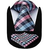 HISDERN Ties for Men Silk Extra Long Tie and Pocket Square Classic Plaid Checkered 63 inches Men's Neckties Business