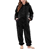 Flygo Girls Fleece Jumpsuits Fuzzy Hooded Rompers Kids Zip up Onesie Romper Costume Warm Winter Clothes 5-14 Years