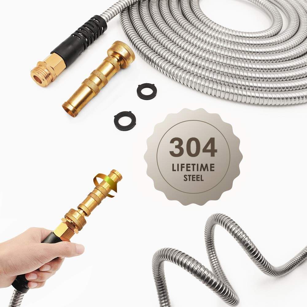 Cesun 25 Feet 304 Stainless Steel Metal Garden Hose with Solid Brass Nozzle, Lightweight Portable Durable Cool to The Touch, Flexible and No Kink, Tangle Puncture Resistant (25 Feet Upgraded) : Garden & Outdoor