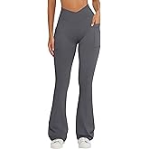 OQQ Women Pants Soft Active High Waist Crossover Flared Trousers with Pockets