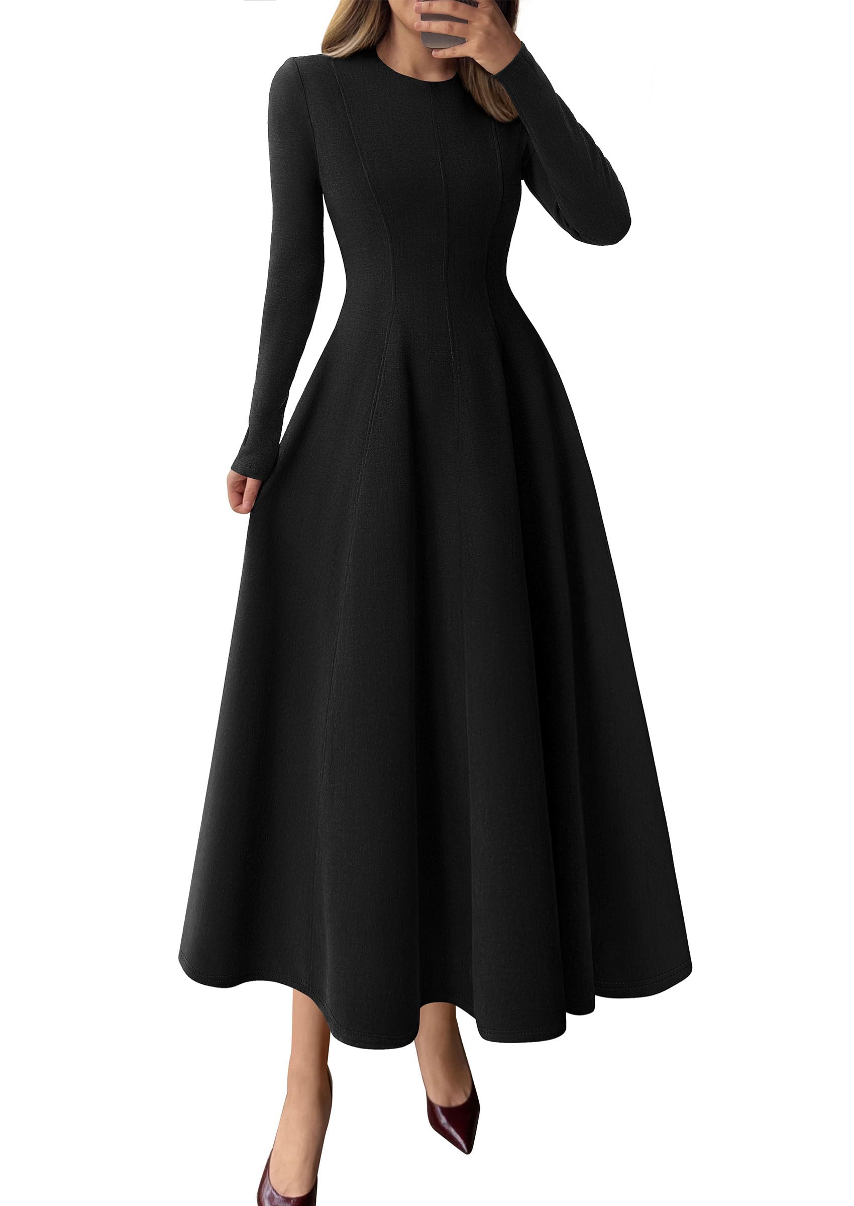 Photo 1 of PRETTYGARDEN Cocktail Dresses for Women 2025 Elegant Classy Fall Long Sleeve Midi A Line Flowy Modest Winter Party Dress (Black,Medium)