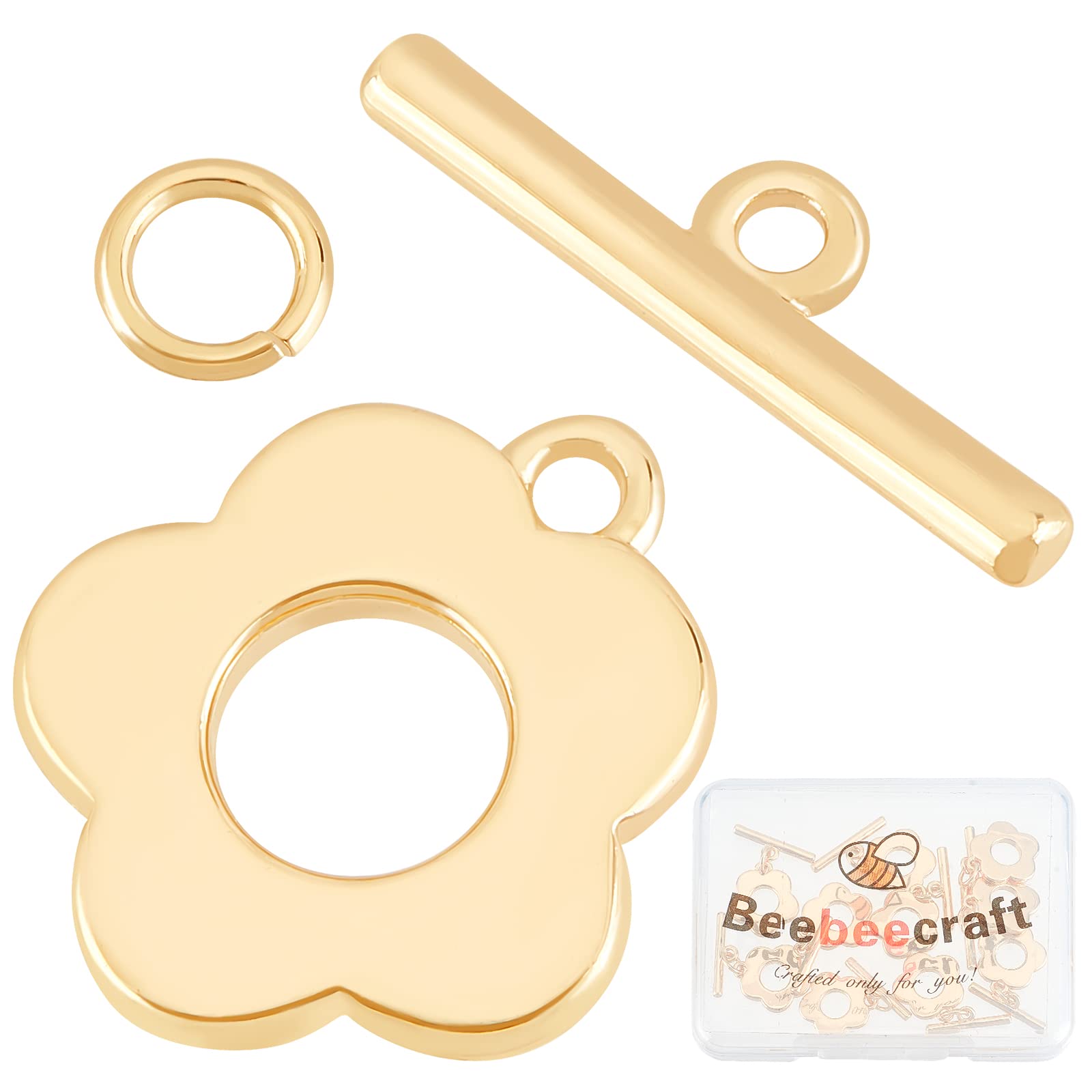 Beebeecraft 10 Sets 18K Gold Plated Toggle Jewelry Clasps Connectors Flower Toggle T Bar Clasps Sets for Necklace Bracelet Earring Making, 14.5x13mm