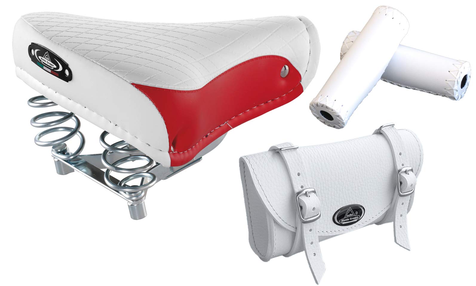 Tris Montegrappa (White/Red + White): Vintage Saddle 1750 Export + Bag 0016 + Grips
