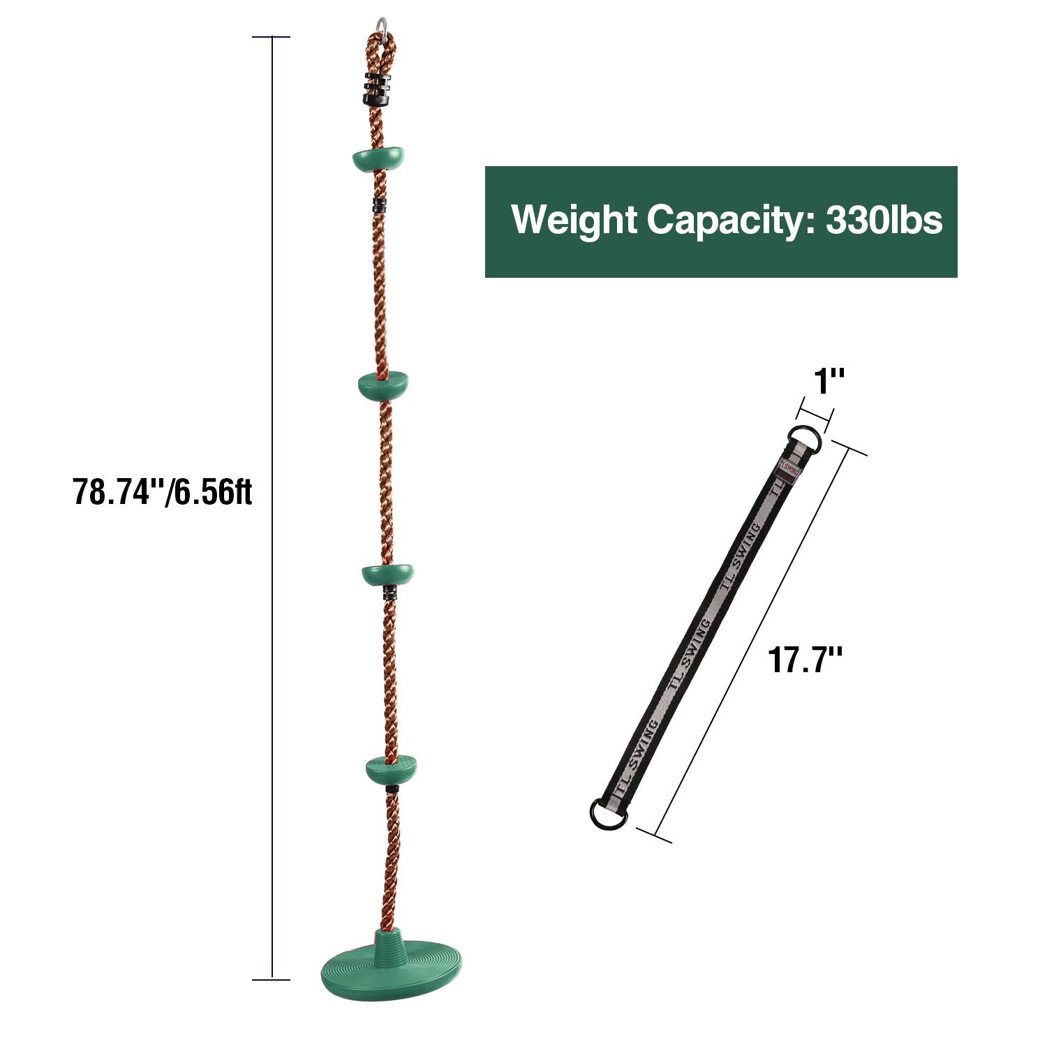 RedSwing Climbing Rope Swing for Trees, Heavy Duty Plastic Disc Swing Seat for Kids and Adults with Hanging Strap and Snap Hooks,Green