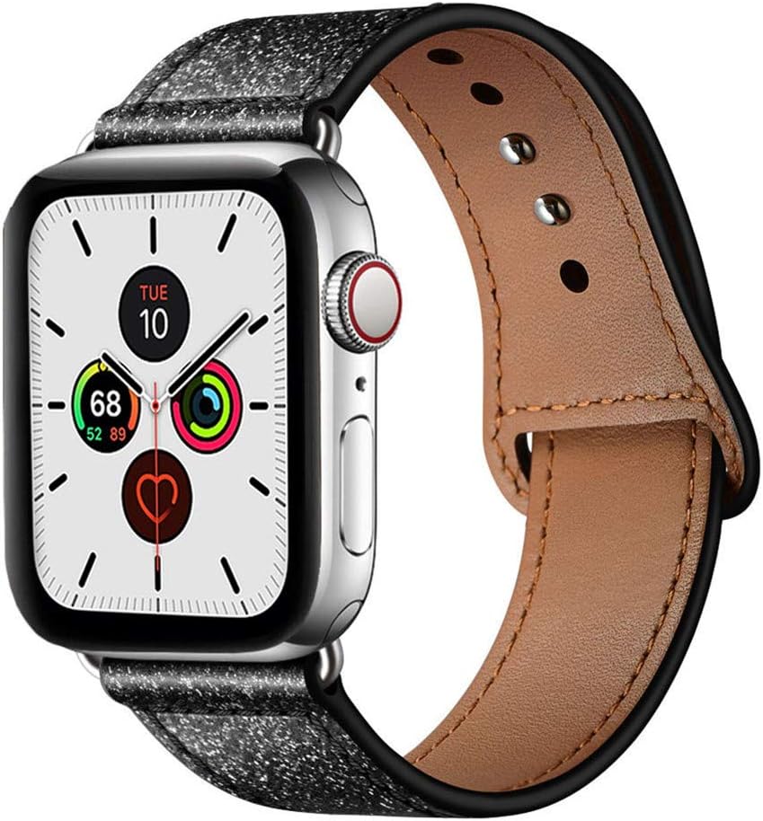 YALOCEA Compatible with Apple Watch Band 42mm 44mm, Genuine Leather Band Replacement Strap Compatible with iWatch Series 6 5 4 3 2 1 SE 44mm 42mm, Glistening Black