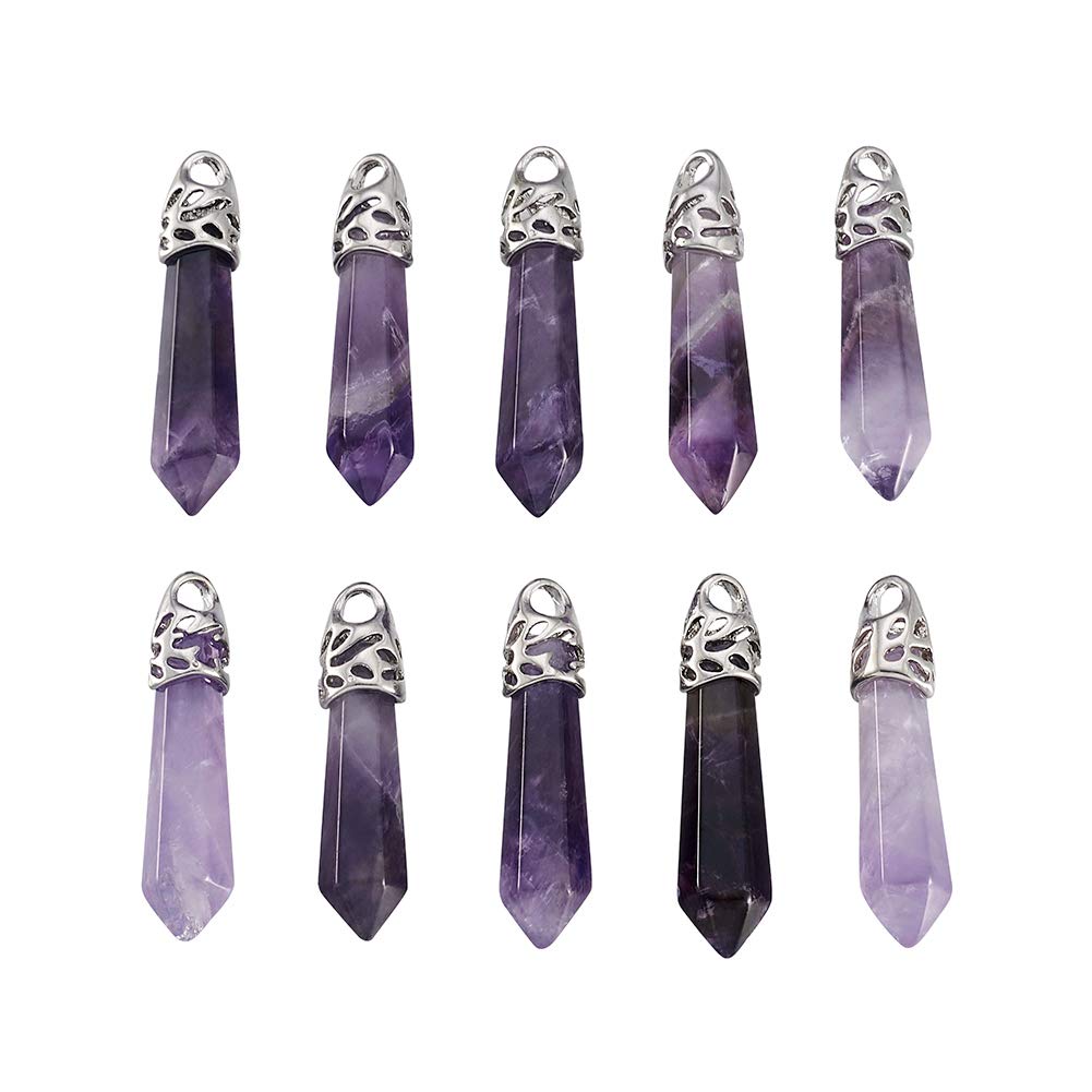 PandaHall 12pcs Bullet Shape Crystal Stone Pendants Natural Amethyst Pointed Pendants with Platinum Tone Alloy Findings for DIY Necklace Jewelry Making