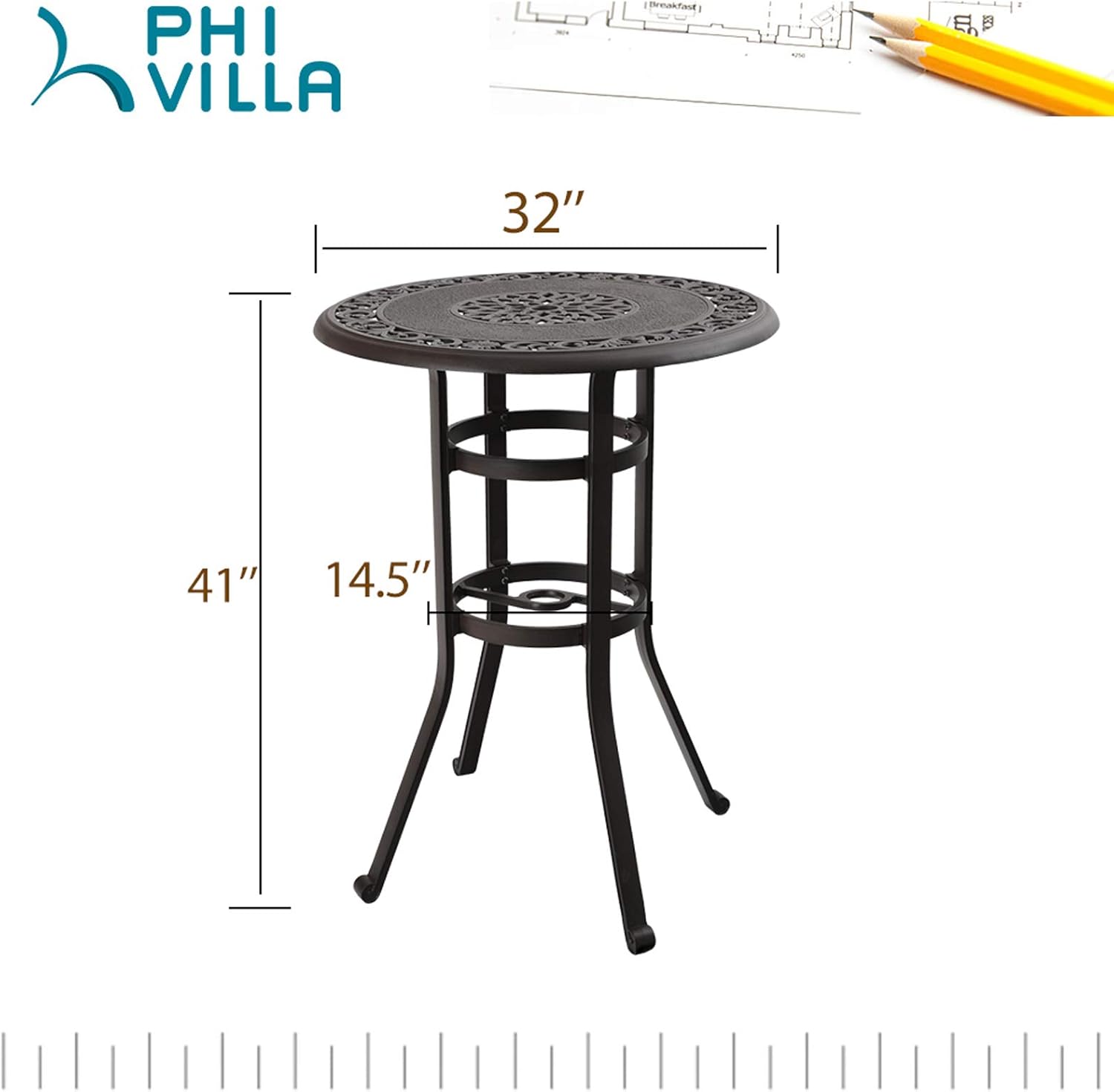 PHI VILLA 32" Cast Aluminum Pub Height Bistro Round Table for Oudoor Paito - 41" Height: Kitchen & Dining