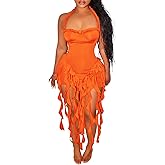 Womens Sexy Halter Mini Dresses Summer Ruffle Fringe Tassel Birthday Club Party Bodycon Short Dresses Outfits
