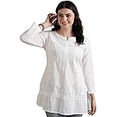 Ada Indian Hand Embroidered Chikankari Women's White Cotton Kurti Top Tunic Shirt A100595