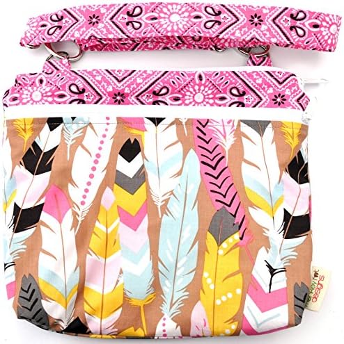 TOP RATED Monkey Foot Designs MEDIUM Wet/ Dry DOUBLE POCKET with Adjustable Strap: 12" x 9" x 2" Diapers / Gym / Swim (Luckie Feathers)