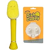 Scrub Daddy Dish Daddy Dish Wand & Connector Head, Soap Dispensing Dish Brush, Texture Changing Washing Up Sponge With Liquid Handle, Dish Sponge with Built-in Scraper, Scrubbing Head & Stand - Yellow