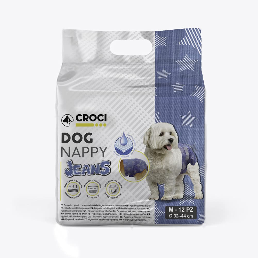 Croci Dog Nappy Jeans – Absorbent Pants for Dogs, Size M – Diameter 32-44 cm, Heats and Pee, Anti-Odour, Disposable, Adjustable Adhesive Closure, 12 Pieces