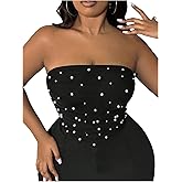 WDIRARA Women's Plus Size Pearls Beaded Mesh Tube Tops Asymmetrical Strapless Bandeau Crop Top