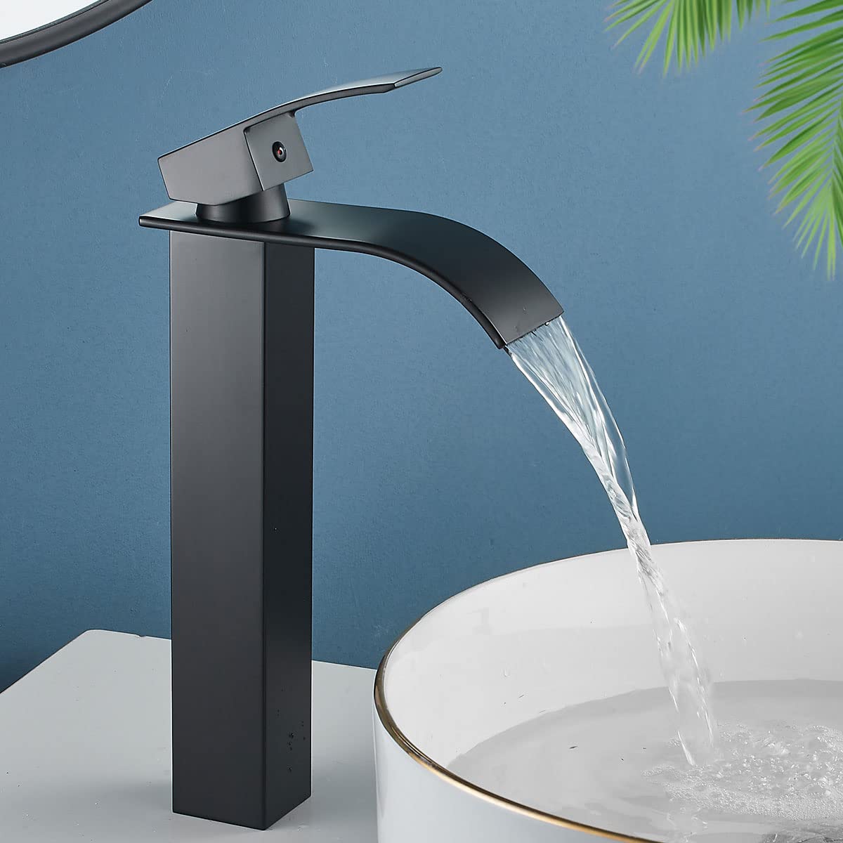 Bathroom Waterfall Basin Mixer Tap, High Rise Sink Mixer Taps, Monobloc Tall Faucet for Washroom Counter-top Basin, Modern and Square Design, Hot and Cold Tap with Hoses (Matte Black)